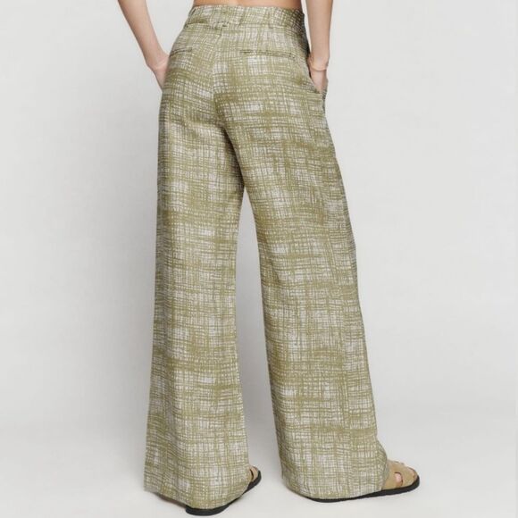 Reformation Jameson Linen Pant Wide Leg Olive Green Abstract print Burlap Pocket - Picture 3 of 8